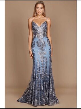 SHEIN Dusty Blue Sequin Embroidered Maxi Gown